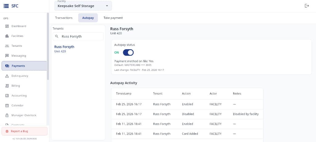 Storage Facility Creator autopay management screen
