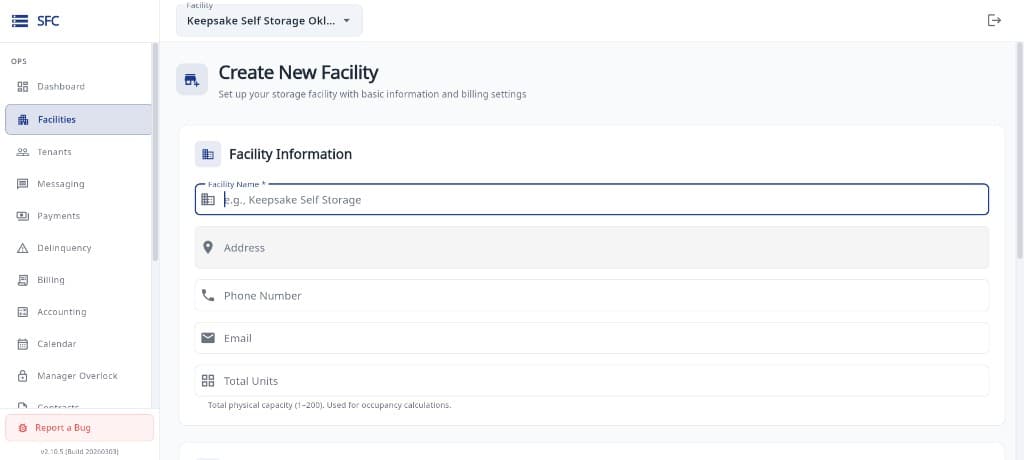Storage Facility Creator facility setup screen