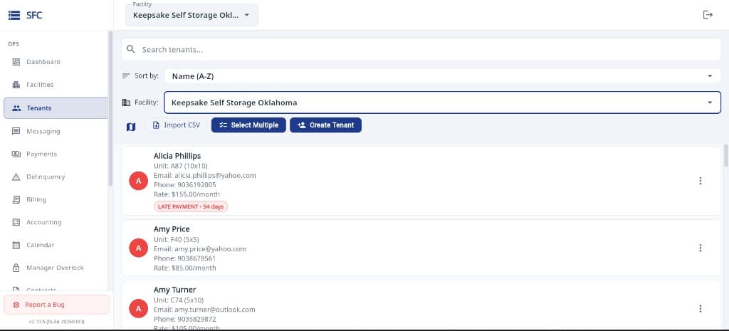 Storage Facility Creator tenants list screen
