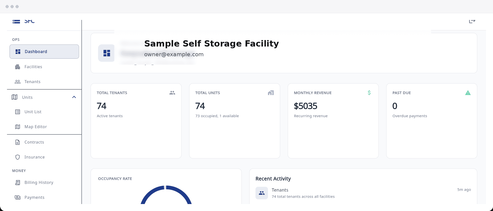 Storage Facility Creator dashboard screenshot
