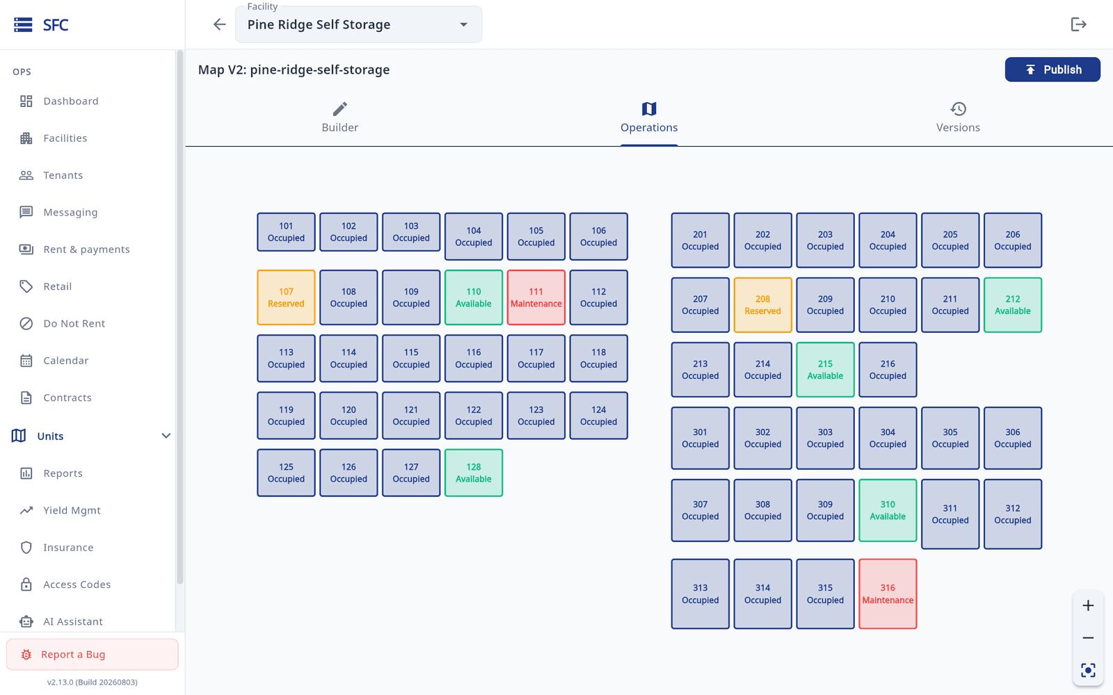 Pine Ridge Self Storage site map builder with units colored occupied, reserved, available and maintenance