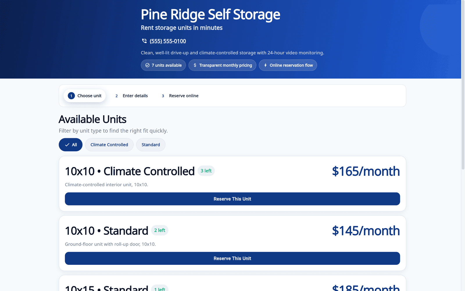 Pine Ridge Self Storage public rental page with available 10x10 units, prices and Reserve This Unit buttons