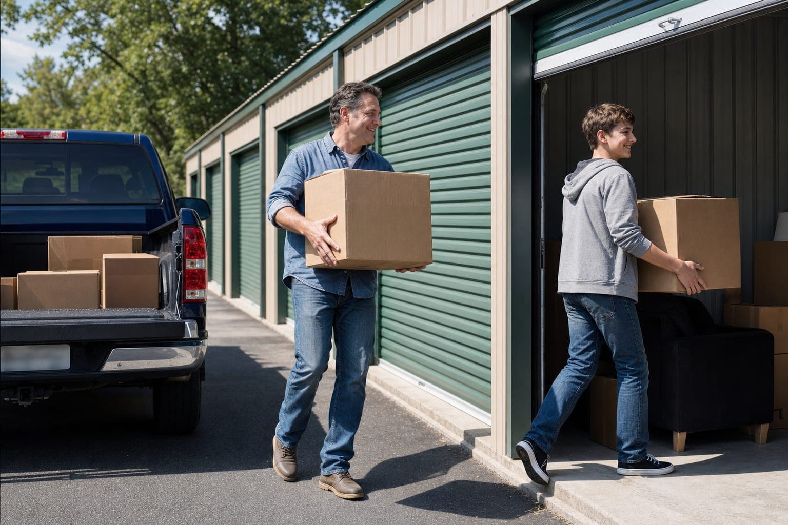 Father and son carrying boxes from a pickup truck into a drive-up storage unit