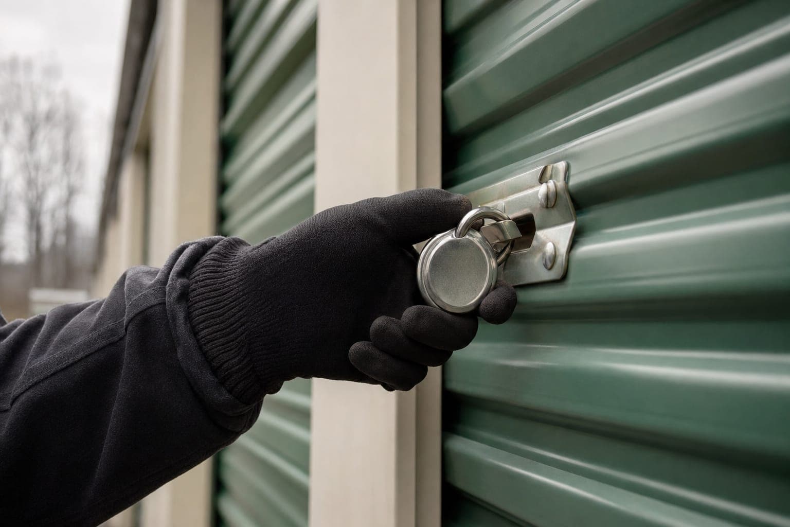 Gloved hand fitting a disc padlock to a storage unit door