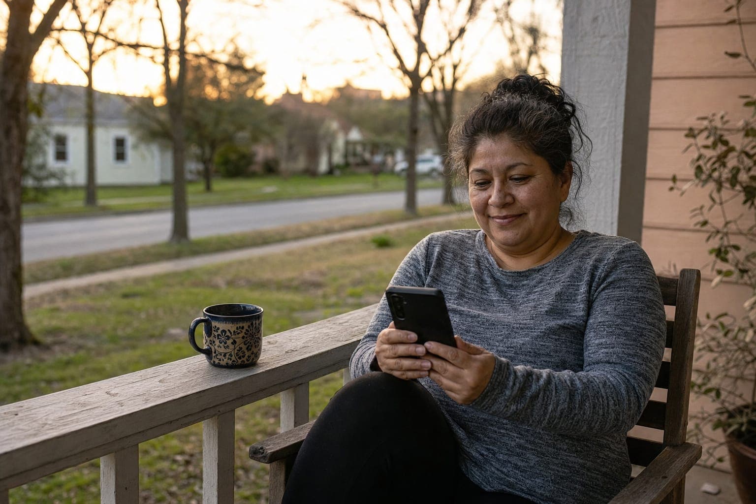 Facility owner checking in on her phone from the front porch at dusk