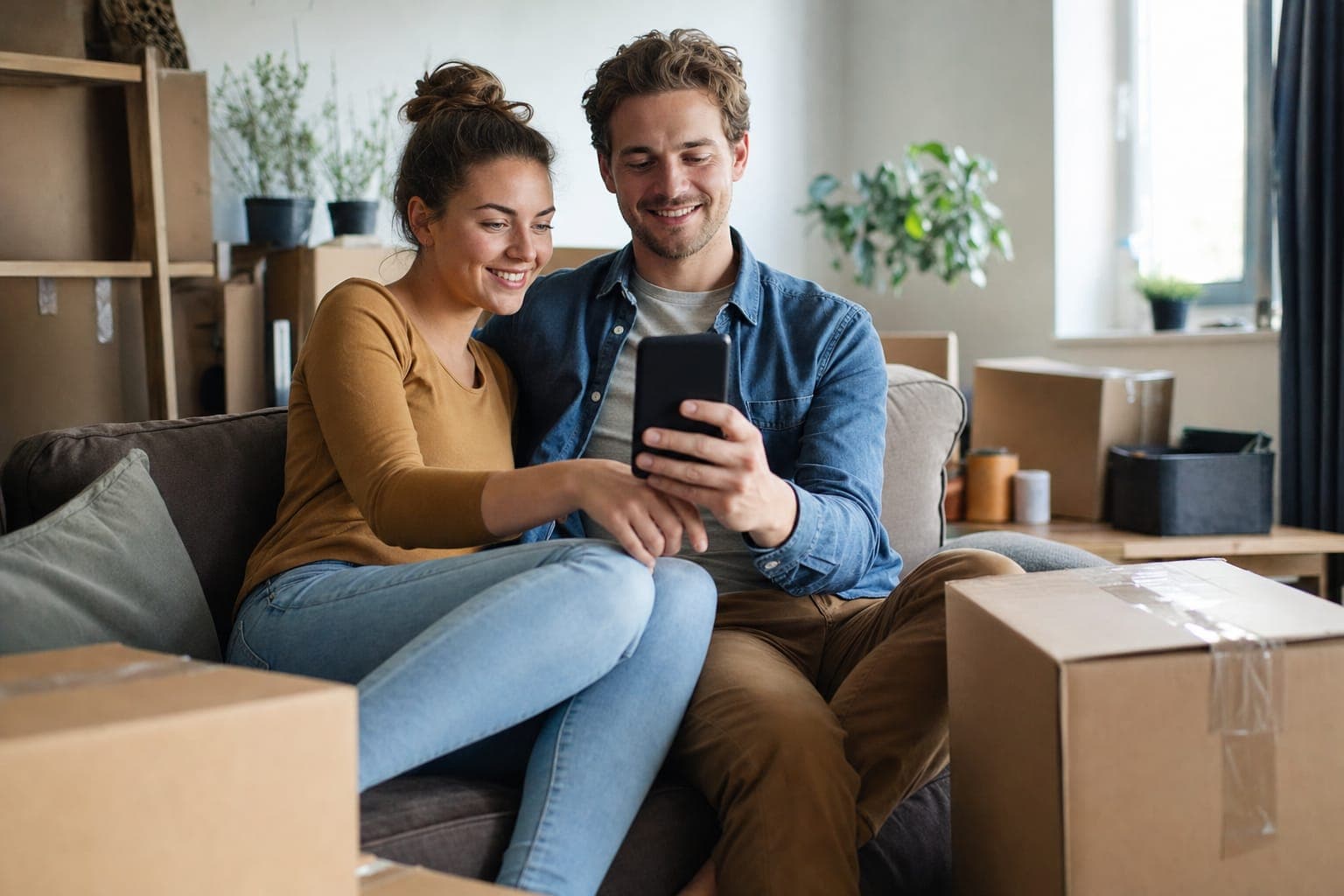 Couple using a phone at home among moving boxes