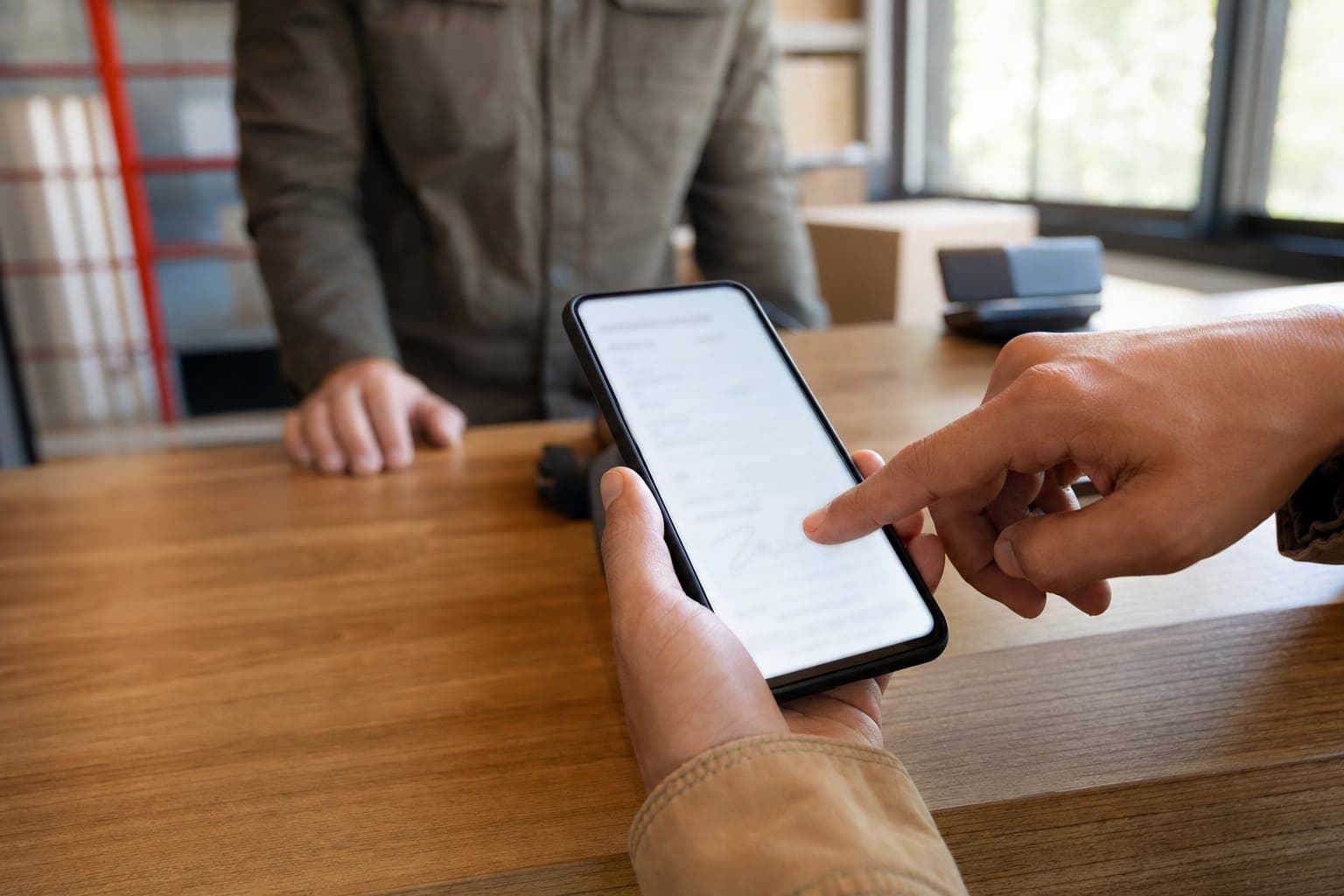 Renter signing a rental agreement on a phone with a fingertip