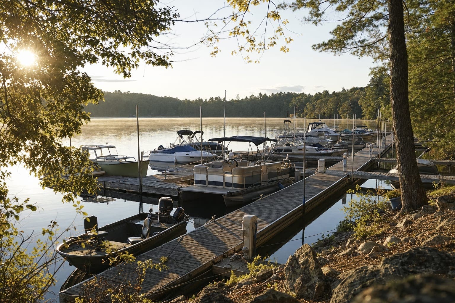 Small lake marina with boats tied in their slips at sunrise