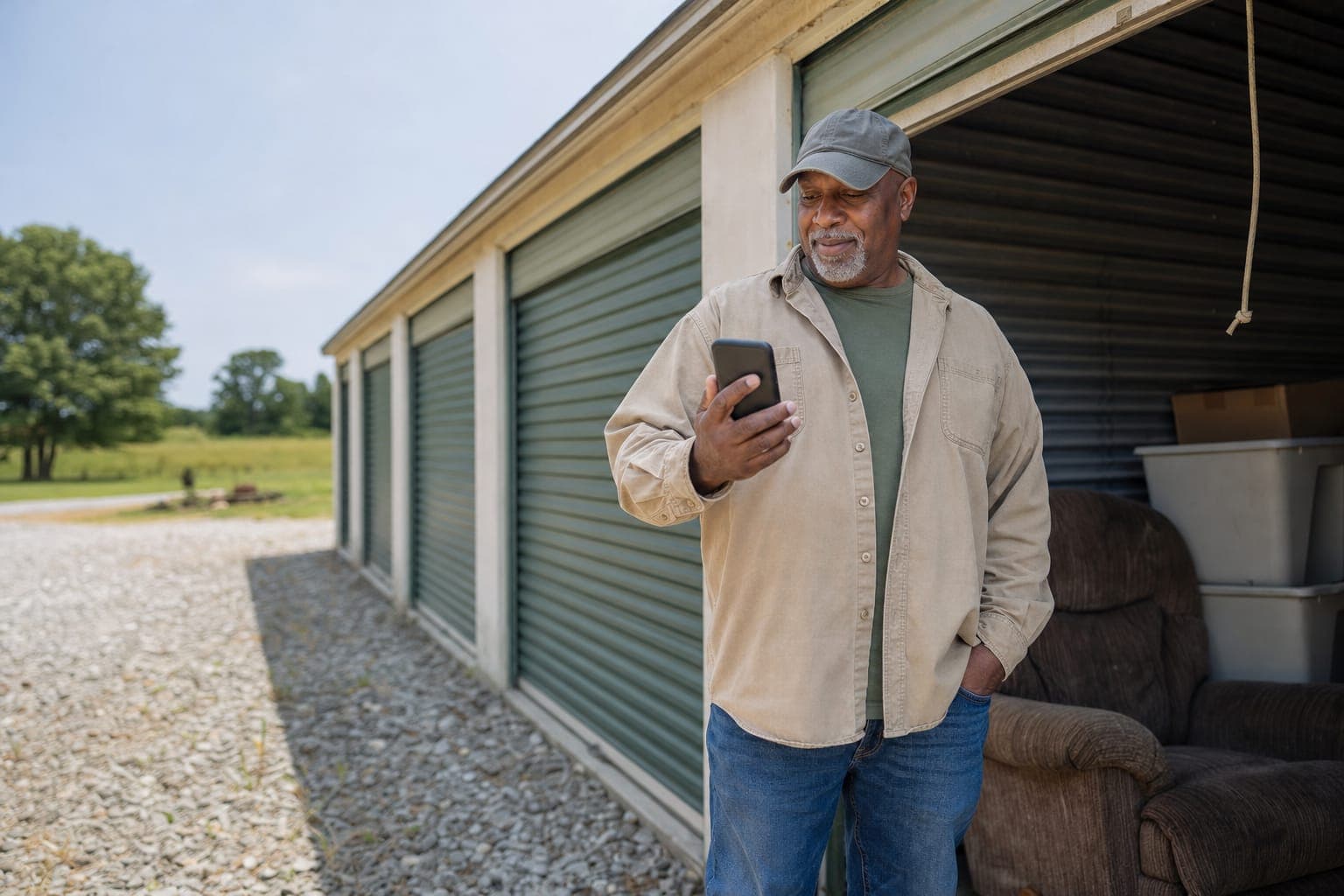 Small storage facility owner standing by an open unit, checking his phone
