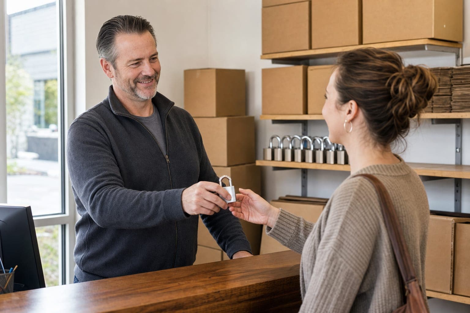 Storage office manager handing a new padlock to a renter at the counter