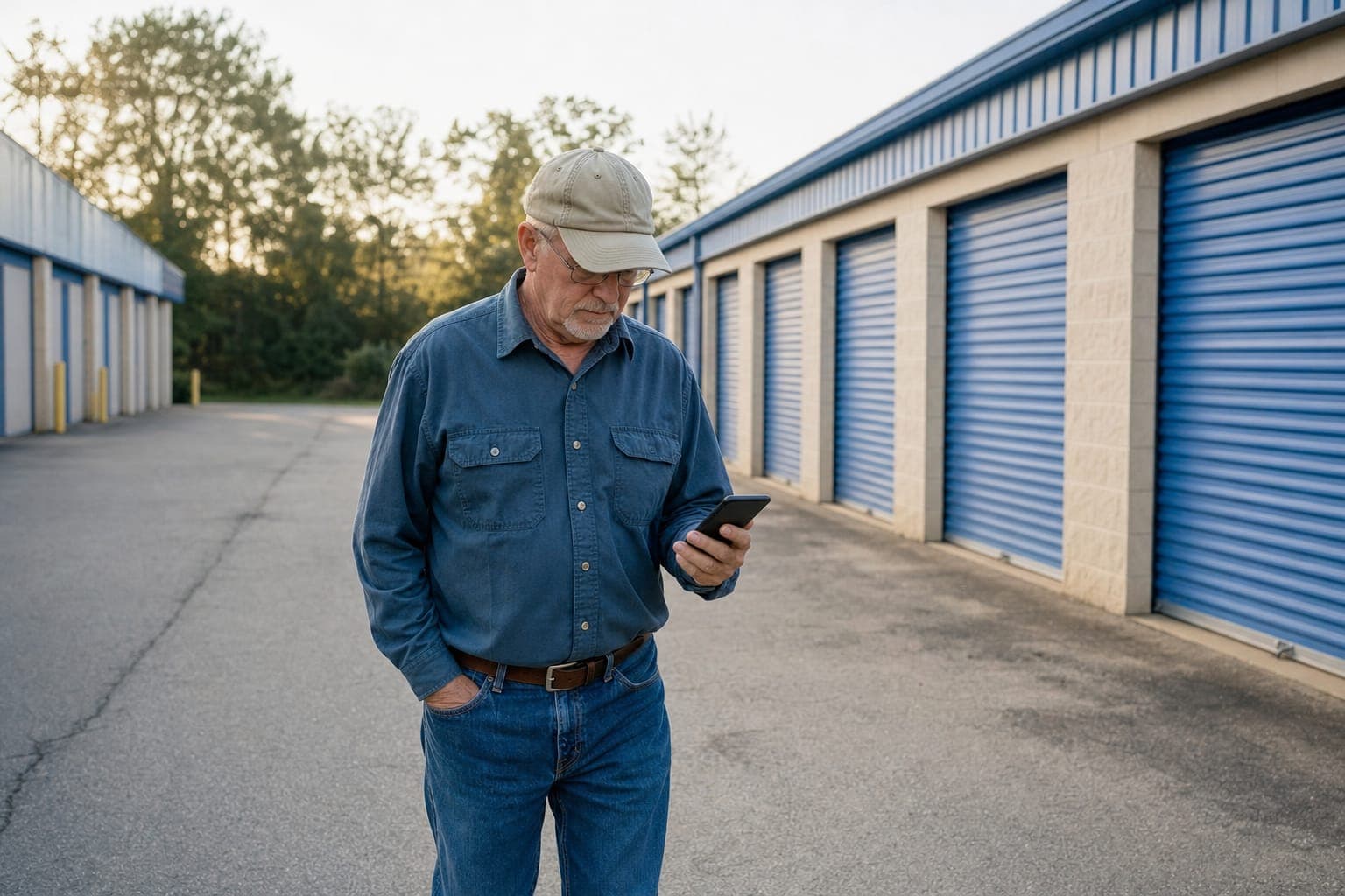 Storage facility manager checking his phone while walking between rows of units