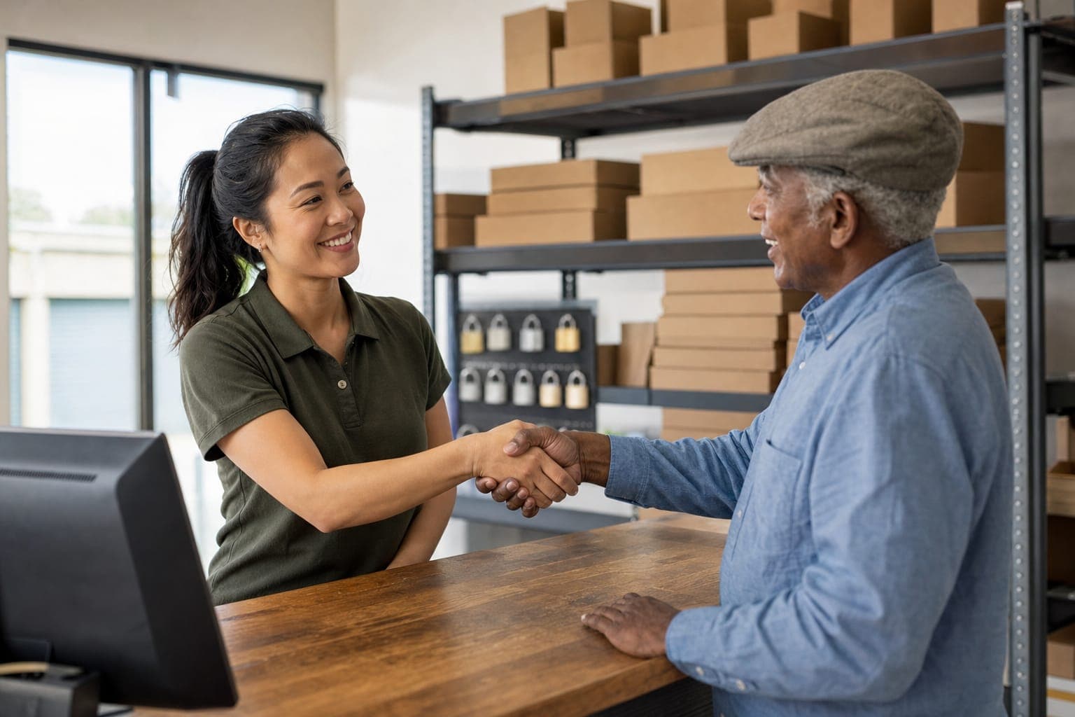 Storage facility manager shaking hands with a renter across the office counter