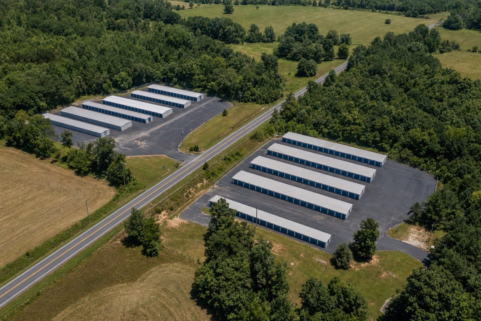 Aerial view of two self storage facilities a short drive apart