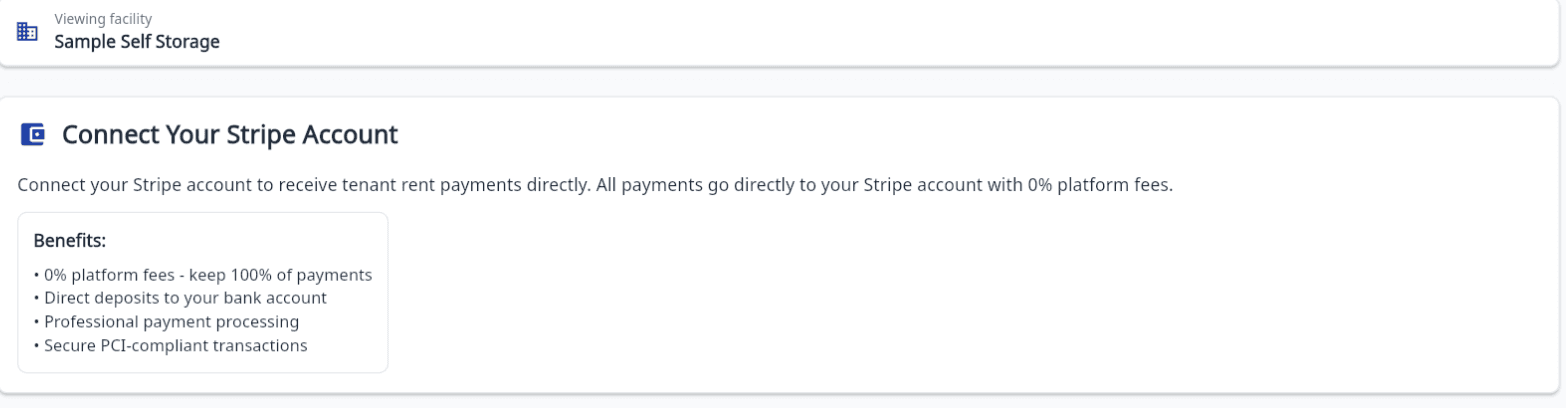 Storage Facility Creator Stripe payment integration screen